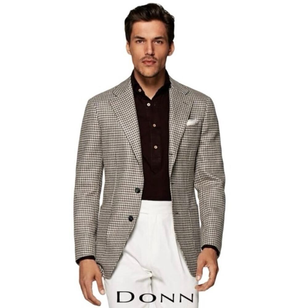 Donna Karan Men’s 100% Wool Houndstooth Blazer Black/Brown Size 46 Regular
